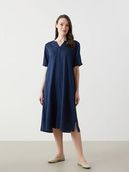 Ka??k Yaka Keten Kar???ml? Elbise