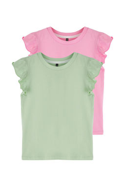 Siyah-Ekru 2li K?z Cocuk %100 Pamuk F?rf?rl? Regular Kal?p K?sa Kol Orme T-Shirt TKDSS25TS00011 - Trendyolmilla фото 5