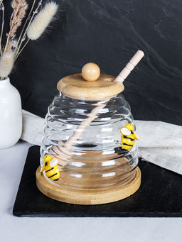 Банка для меда с ложкой на подставке бамбуковая крышка Пчелка / 9664 /уп 100/ - Галеонтрейд фото 6