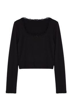 Trendyolmilla Siyah Kare Yaka Dantel Detayl? Crop/K?sa Orme Bluz TWOAW25BZ00007  фото 11