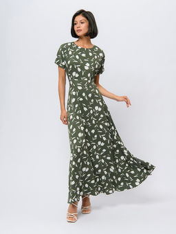 Платье цвета хаки с принтом и короткими рукавами - 1001dress фото 2