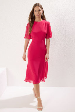 TRENDYOLMILLA Siyah Etegi Volanl? A Kesim Sifon Midi Astarl? Dokuma Elbise TWOSS22EL00733 фото 6