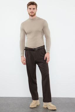 Kahverengi Pileli Klasik Baggy Fit Kumas Pantolon TMNSS24PL00024
