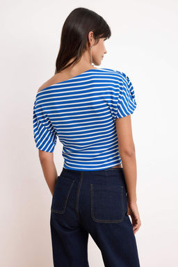 Lacivert Cizgili Regular Kal?p Asimetrik Yaka Buzgulu Crop Fitilli Esnek Orme Bluz TWOSS26BZ00376