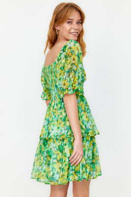 Yesil Cicekli Etegi Volanl? Skater/Belden Ac?lan Sifon Mini Astarl? Dokuma Elbise TWOSS22EL2772