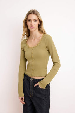 Haki Fitted/Vucuda Oturan Havuz Yaka Dantel Detayl? Fitilli Esnek Orme Bluz TWOSS26BZ00070