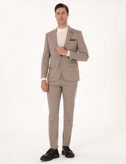 Bej Extra Slim Fit Y_n Kar___ml_ _izgili Tak_m Elbise