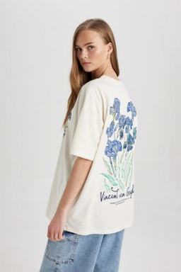 Van Gogh Oversize Genis Kal?p Bisiklet Yaka S?rt Bask?l? K?sa Kollu Tisort