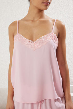 Pembe Bel ve Dantel Dantel Detayl? Ip Ask?l? Viskon Sortlu Dokuma Pijama Tak?m? THMSS25PT00056