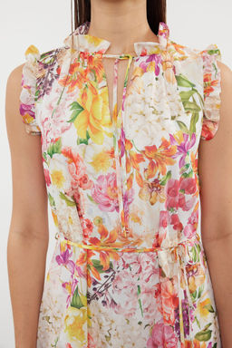 Ekru Cicek Desenli A-Kesim Midi Astarl? Sifon Dokuma Elbise TWOSS23EL01840