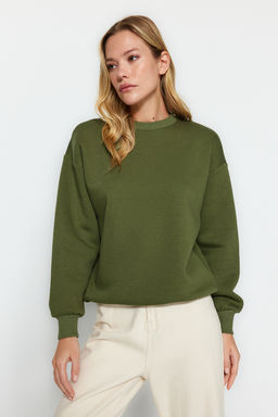 Haki Kal?n Ici Polarl? Regular/Normal Kal?p Bisiklet Yaka Basic Orme Sweatshirt TWOAW24SW00101