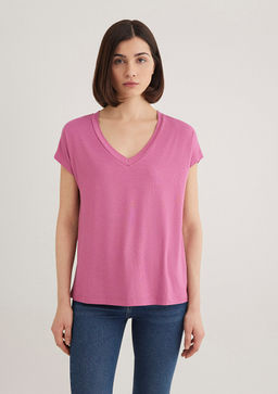 V Yaka Pembe Basic Viskoz Tisort - Mavi фото 4