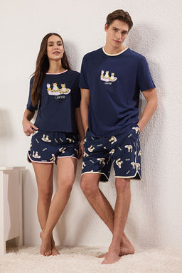 Unisex Lacivert Kedi Bask_l_ _ift/Couple %100 Pamuk _rme Erkek Pijama Tak_m_ TMNSS25PT00052