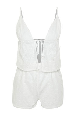 Trendyolmilla Mavi %100 Pamuklu Cicekli Astarl? Kendinden Desenli Sortlu Dokuma Pijama Tak?m? THMSS24PT00075 фото 8