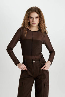 Повседневная футболка из тюля с длинными рукавами и круглым вырезом Slim Fit - Defacto фото 3