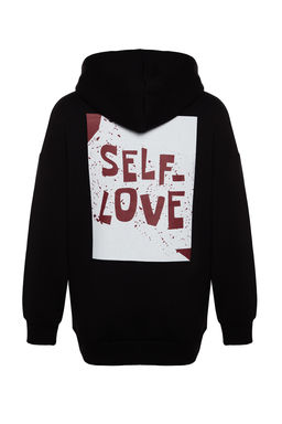 Siyah S?rt Bask? Detayl? Oversize/Genis Kal?p Kal?n Ici Polarl? Orme Sweatshirt TWOAW22SW0687