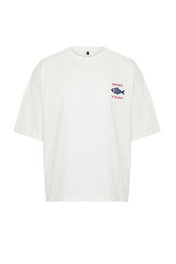 Ekru Oversize/Genis Kesim %100 T-Shirt TMNSS22TS0318