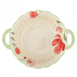 "Бархатный мак" Салатник фарфоровый 1,1л, д19,3см, h7см, с деколью, 2 ручки (24х7,5см), волнистый борт, рифленый край, кремовый (Китай)