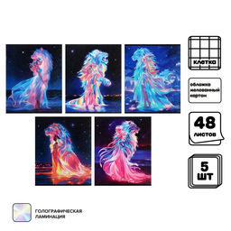 Комплект тетрадей из 5 штук 48 листов в клетку Calligrata TOP «Девушка и лев», обложка мелованный картон, голографическая ламинация, блок офсет