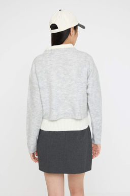 Teen Gri 2li Yumusak Dokulu Ici Fitilli - D?s? Genis Kal?p Crop Triko Kazak TWOAW26HI00139