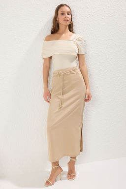 TRENDYOLMILLA Tas Kordon Kemerli Keten Kar?s?ml? Yandan Y?rtmacl? Maxi Boy Dokuma Etek TWOSS25ET00124 фото 6
