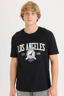 Regular Fit Bisiklet Yaka Bask?l? K?sa Kollu Tisort