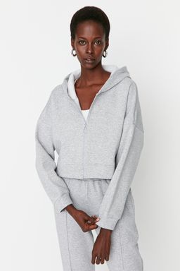 TRENDYOLMILLA Ekru Basic Fermuarl? Kapusonlu Crop Kal?n Ici Polarl? Orme Sweatshirt TWOAW20SW0660  фото 20