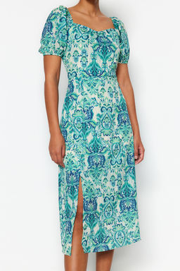 Yesil Etnik Desenli A-Kesim Kare Yaka Y?rtmacl? Midi Dokuma Elbise TWOSS23EL01846 - Trendyolmilla фото 5