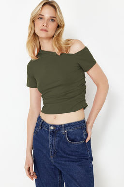 Trendyolmilla Siyah Buzgulu Asimetrik Yaka Esnek Orme Bluz TWOSS24BZ00073 фото 9