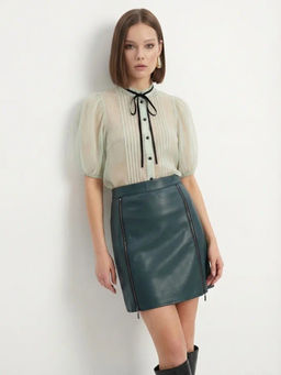 Юбка короткая из эко-кожи с молниями OD-1004-2, зеленая