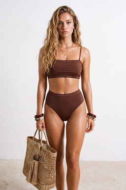 Kahverengi Straplez Kapl_ Nak__ Detayl_ Y_ksek Bel Regular Bikini Tak_m_ TBESS26BT00169