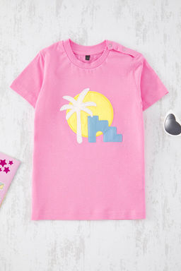 Ekru K?z Cocuk %100 Pamuk Palmiye Bask?l? Regular/Normal Kal?p K?sa Kol Orme T-Shirt TKDSS25TS00051