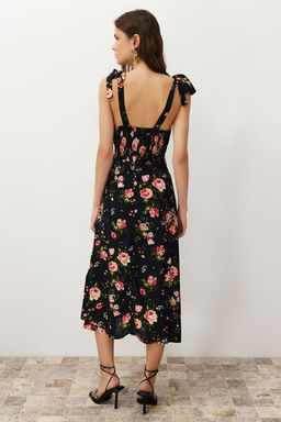 Siyah Cicekli A Kesim Viskon Midi Dokuma Elbise TWOSS24EL00714 - Trendyolmilla фото 6