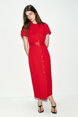 VESTIDO MIDI CINTUR?N / Rojo