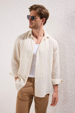 Bej Regular Fit Cizgili Nefes Alabilen Pamuklu Muslin Gomlek TMNSS25GO00015