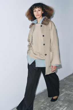 WOOL COAT WITH FAUX FUR COLLAR ZW COLLECTION