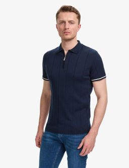 Lacivert Slim Fit %100 Pamuk Fermuarl_ Polo Yaka Triko Ti__rt