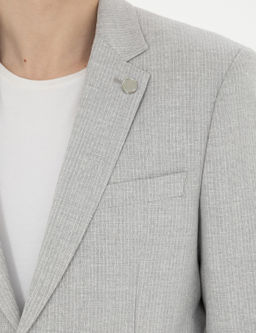 Gri Slim Fit Keten Kar___ml_ _izgili Tak_m Elbise
