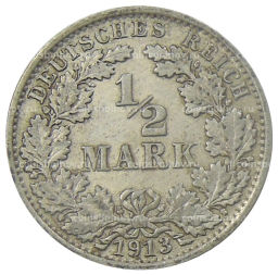 Монета 1/2 марки 1913 года E Германия