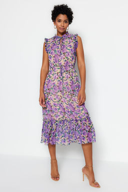 Cok Renkli Cicek Desenli A-Kesim Midi Astarl? Sifon Dokuma Elbise TWOSS23EL01840