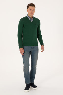 Erkek Slim Fit V Yaka Koyu Ye_il Basic Triko Kazak - U.s. polo assn фото 4