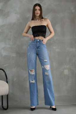 Mavi Y?rt?k Detayl? Pacas? Kesikli Yuksek Bel Duz Kesim Straight Jeans TWOSS25JE00138 - Trendyolmilla фото 2