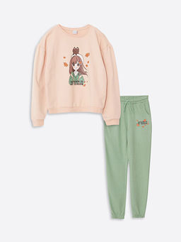 Bisiklet Yaka Bask?l? Uzun Kollu K?z ?ocuk Sweatshirt ve E?ofman Alt?
