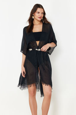 Siyah Midi Dokuma Puskullu Plaj Kimono&Kaftan TBESS24KM00057