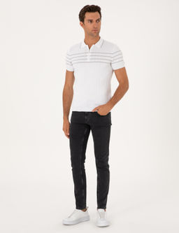 Beyaz Slim Fit %100 Pamuk Fermuarl_ Polo Yaka Triko T-shirt