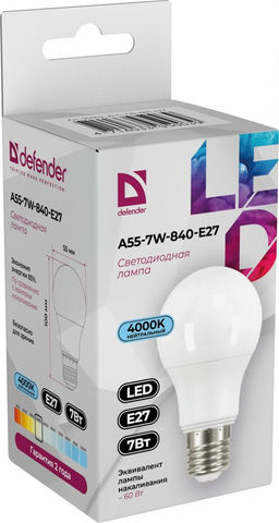 Лампа светодиодная, E27, A55, 7Вт, 4000К "Defender" нейтральный белый свет