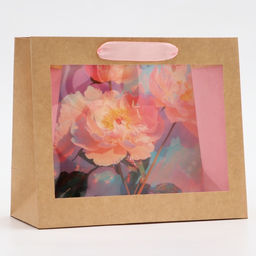 Пакет подарочный с PVC окном, Пионы, 24?11?20 см