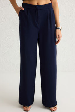 Koyu Lacivert Wide Leg/Genis Paca Pilili Dokuma Pantolon TWOSS21PL0189