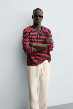 CAMISETA CUELLO PANADERO RAYAS LINO - ALGOD?N / rojo/marino - Zara фото 5