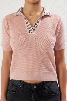 Trendyolmilla Ekru Yaka Desenli Triko Bluz TWOAW24BZ00011  фото 3